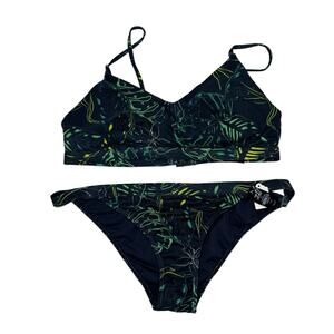 ARDENE *NEW* Ribbed Tropical Floral 2-piece Swim Suit Sz Large Bikini Blue Green